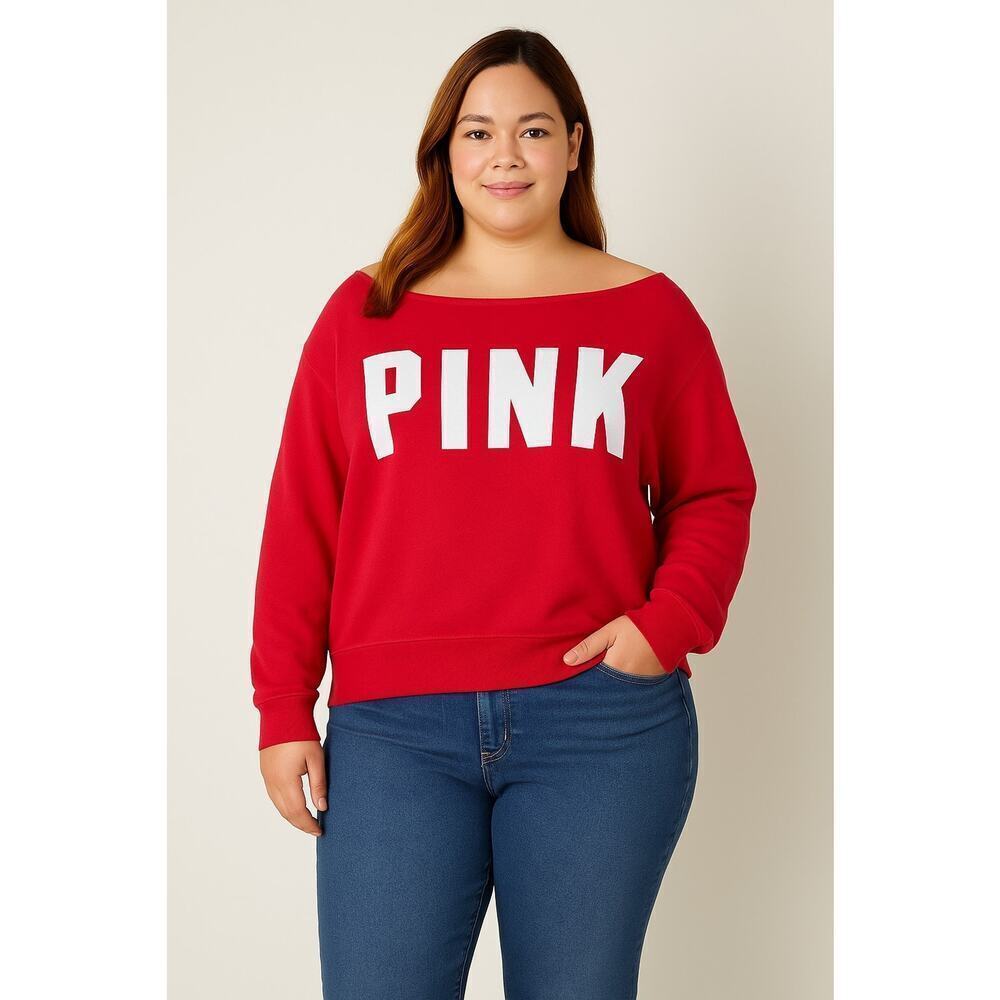 Victoria Secret PINK Sweat shirt XL Off Shoulder Tie Dye Red Pullover Logo Red